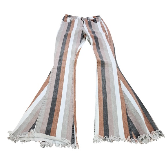 Source Unknown Denim - Jeans Womens 26 Multicolor High Rise Slim Flare Striped Fringe Denim Pants